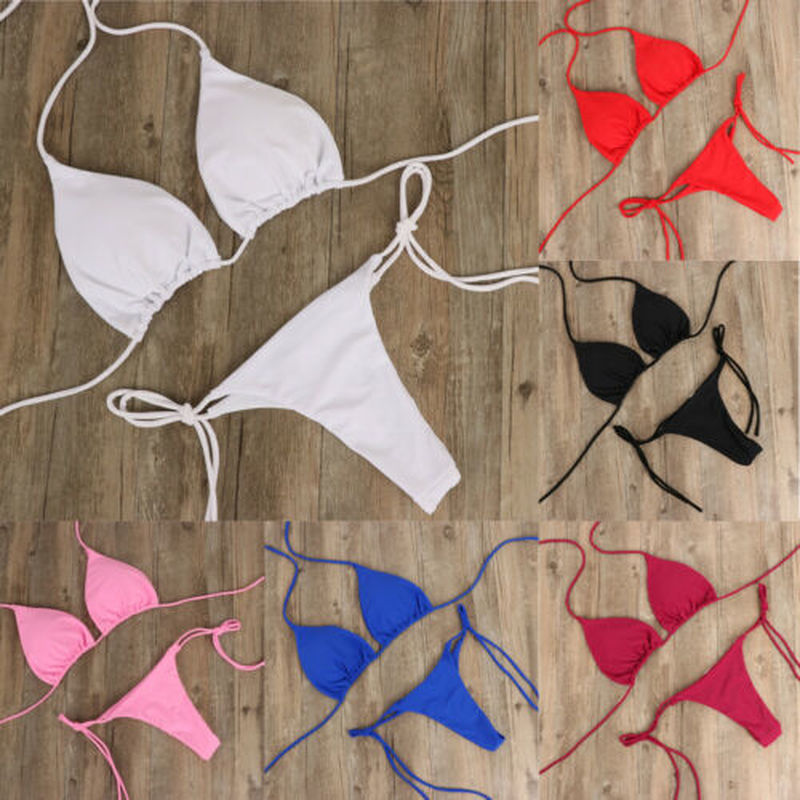Conjunto de bikini para mujer, Traje de Baño Sexy con Tanga, Un Solo Color, Lazo Lateral, Estilo Bandage, Brasileño