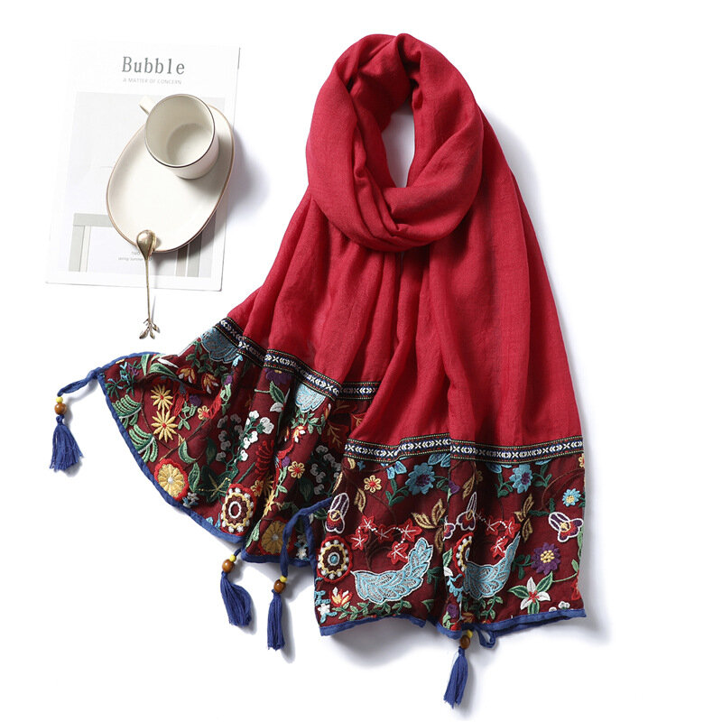 Lenço de algodão feminino hijab bordado floral foulard pashmina xales envolve macio borla muçulmano cabeça cachecóis 2021 moda
