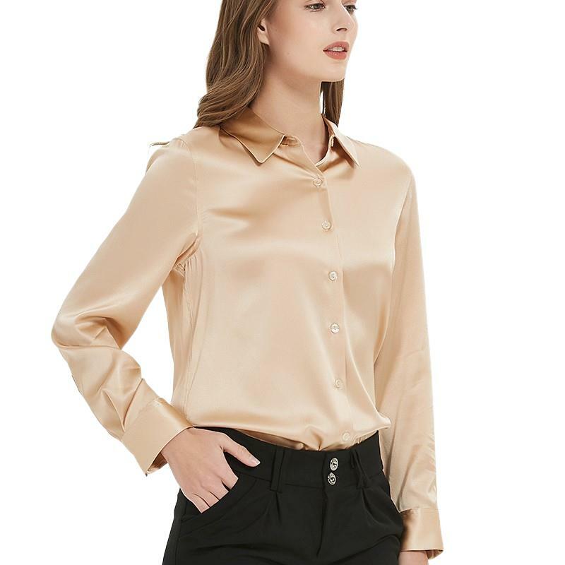 Camisas de vestir de seda 95% para mujer, blusa básica lisa con cuello vuelto, elegante, 5% Spandex, color blanco, primavera, 2022