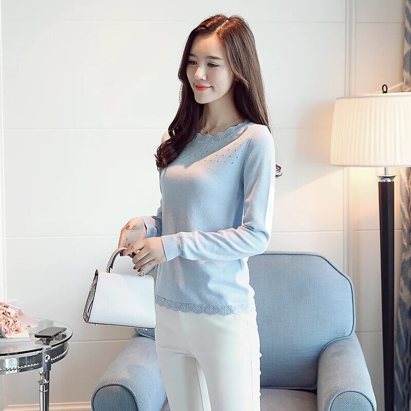 Nowy koreański styl kobiet sweter 2022 jesień z długim rękawem sweter z dzianiny O Neck wąski sweter kobiet sweter różowy dzianiny 630B