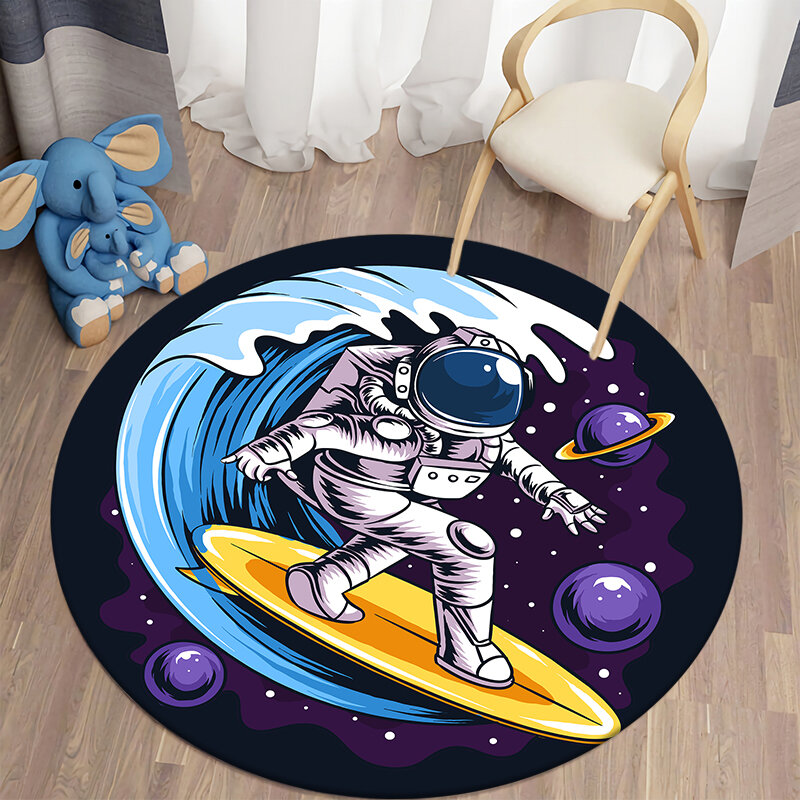 Spaceman Round Rug Cartoon Round Carpet for Living Room Kids Room Astronaut Floor Mat Children Bedroom Soft Kitchen Area Rug