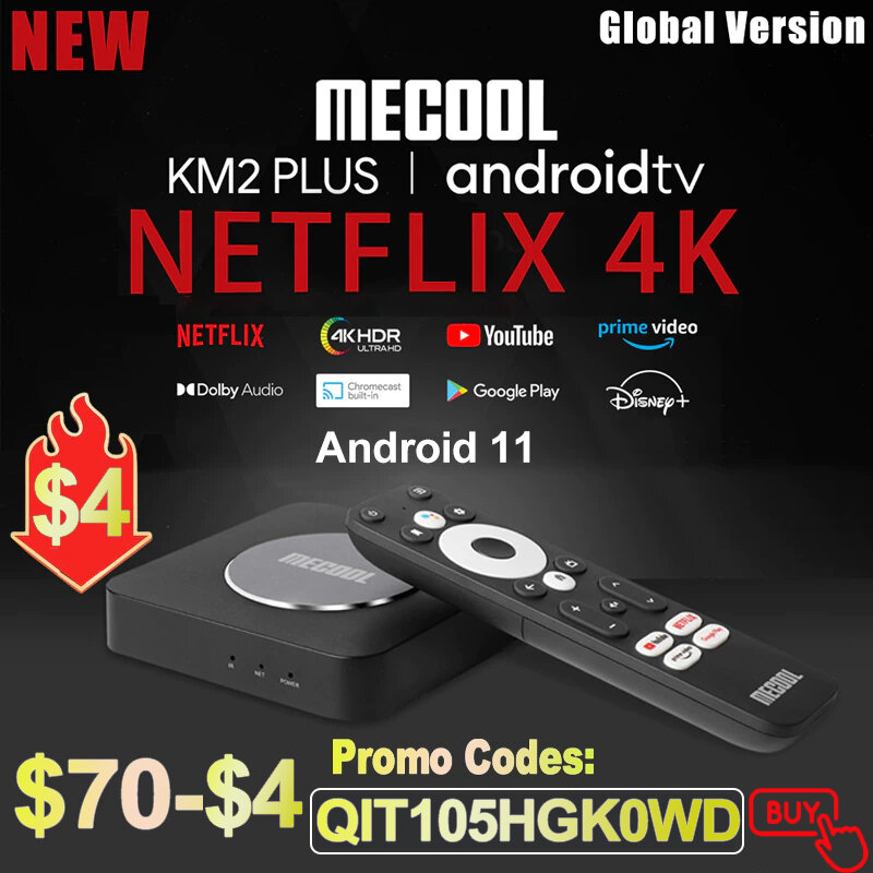 MECOOL KM2 Plus 2022 صندوق التلفزيون أندرويد 11 netflix جوجل مساعد Amlogic S905X4 2G16G 4K النسخة العالمية WLAN100 HDR10 SetTop صندوق
