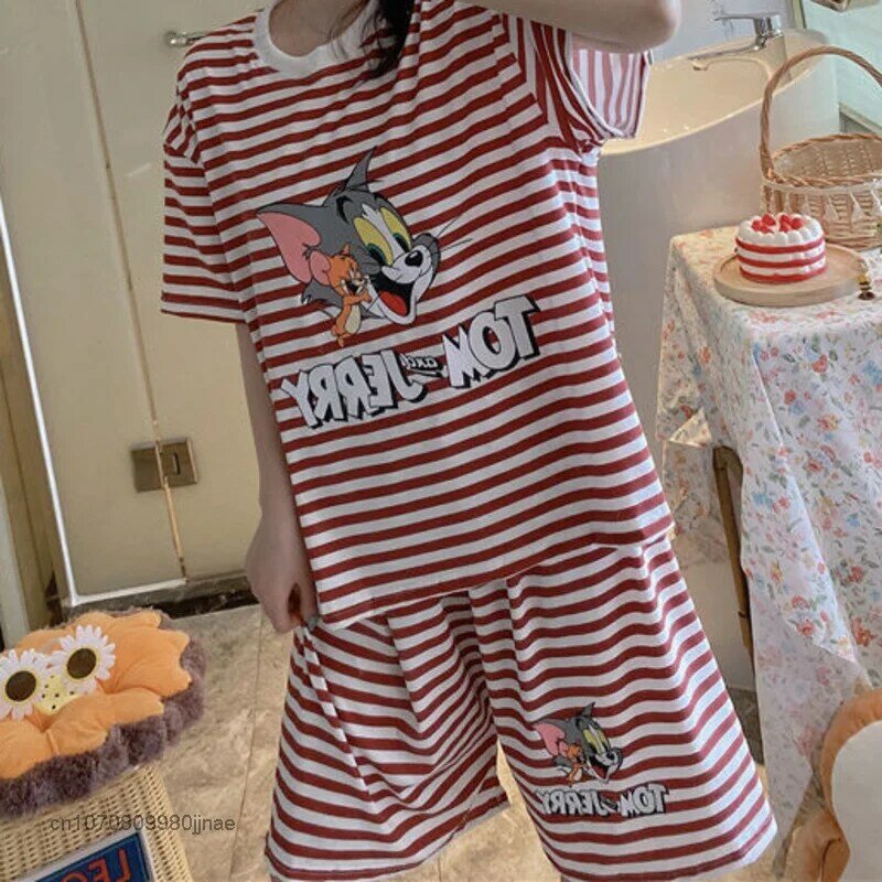Kawaii Cat And Mouse Jerry Tracksuit 2022 Summer Cool Fashion For Girl Autumn Outdoor Short-sleeve Cartoon Printing Casual Y2k