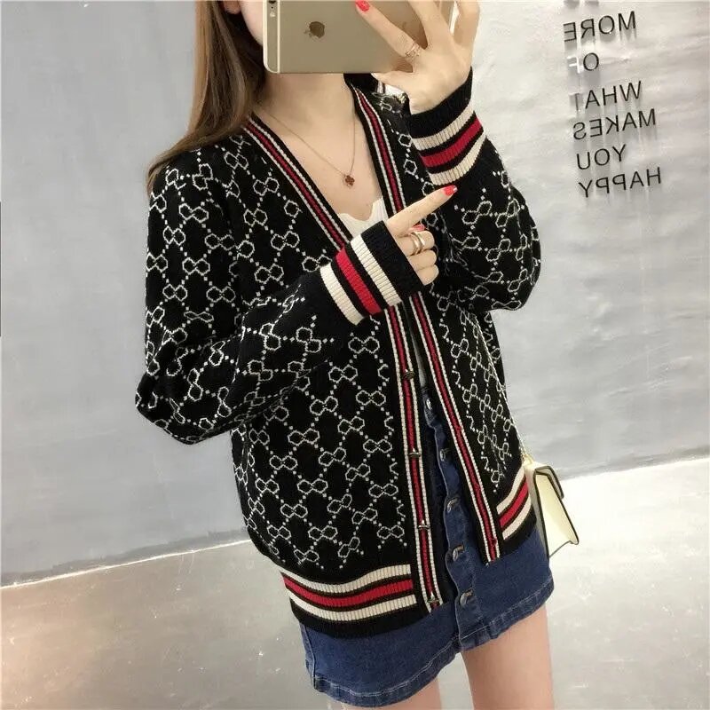 Korean Fashion V-Neck Single Breasted Sweater Cardigan Spring Autumn Long Sleeve Women Vintage Knitted Jacket Trend Printing