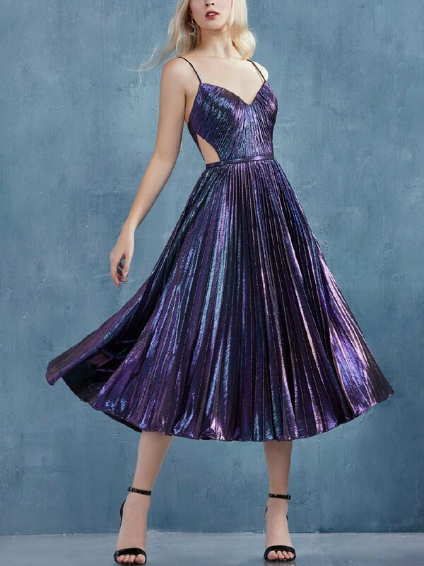 PLEINDI Cao Cấp Váy Đầm Dạ Cổ Chữ V Chữ A Mì Ý Dây Trà-Chiều Dài Voan 2022 Mới Của Vải Xếp Tinh Tế Vũ Hội Nữ