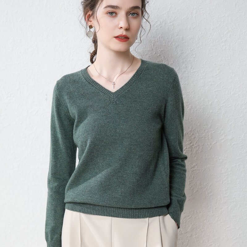 100% de lã pura feminina com decote em v primavera e outono elegante pulôver moda confortável all-match chique topo básico camisola de malha