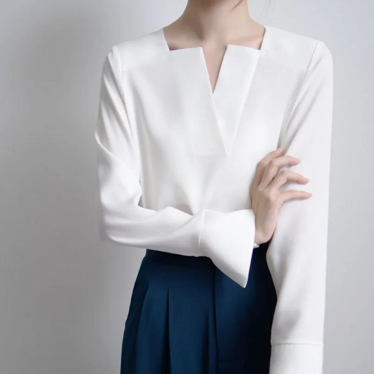 세련된 프렌치 새틴 블라우스 화이트 가을 패션 2022 디자인 셔츠 여성용, 우아한 단색 긴 소매 올 매치 의류