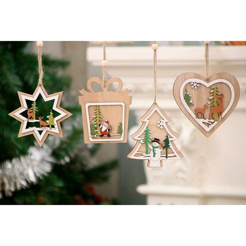 9PCS Wooden Hollow Christmas Tree Pendant, Five-Pointed Star Bell Pendant Gift, New Year Decoration