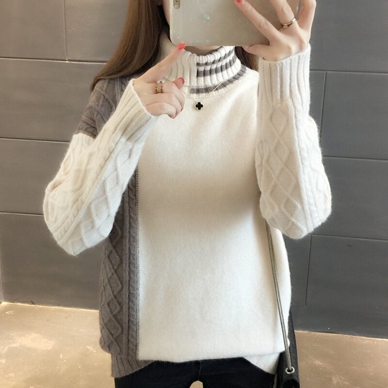 New Stand Neck Women's Tops Long Sleeve Clothes Loose Pullover Knitted Bottoming Shirts Color Matching Knitted Sweaters 603J