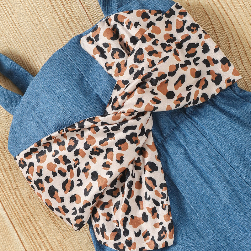 Pantaloni svasati con cinturino elastico senza maniche con fiocco stampa leopardo estate 0-3 anni