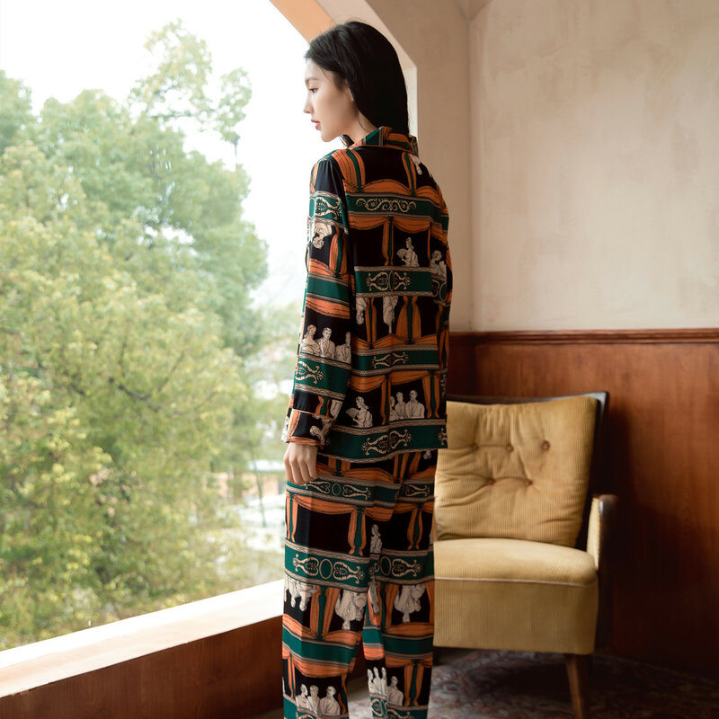 Conjunto de pijamas femininos impressão medieval seda como pijamas lazer clássico casa roupas roupas de manga longa terno