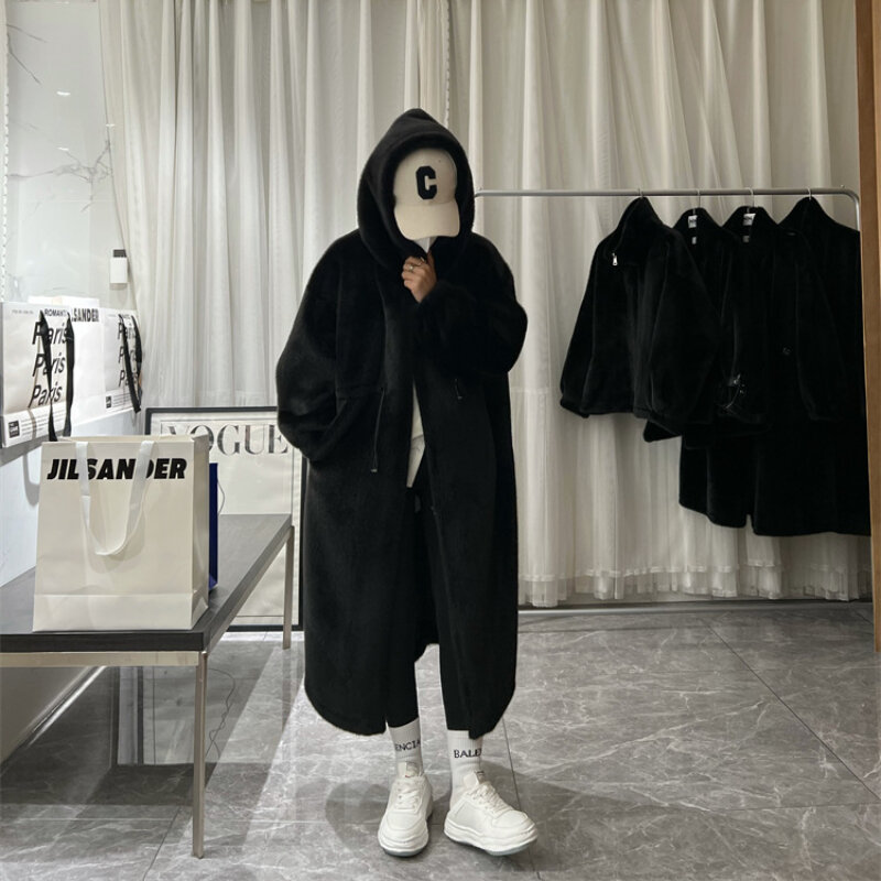Fashion Korean Winter Clothes Women Loose Casual Long Oversized Warm Thick Blue White Fluffy Faux Fur Coat with Hooded 118DP