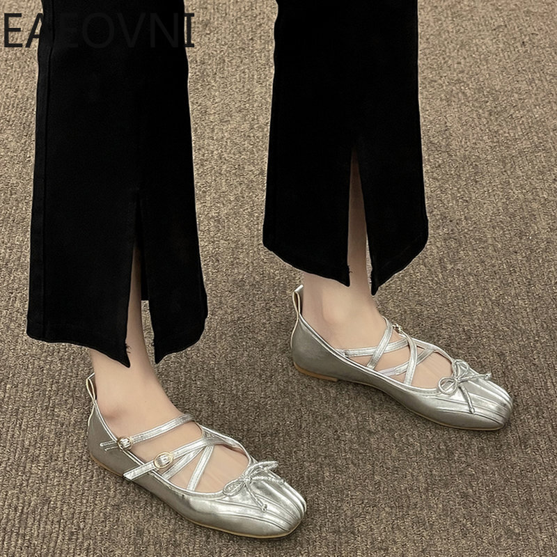 Zapatos planos con punta cuadrada para mujer, bailarinas con nudo de mariposa, informales, de tacón plano, 2023