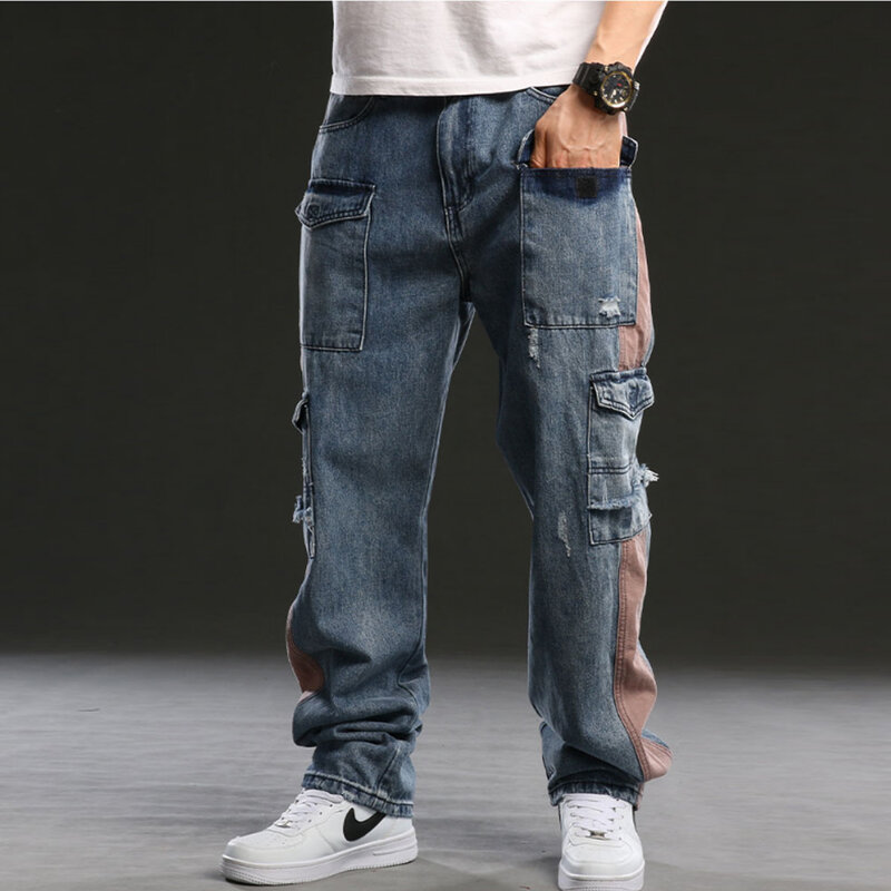 Holyrising men jean pant 2022 Large Size Jeans Fashion Loose Big Pockets Hip-Hop Skateboard Casual Men Denim Blue pant NZ119
