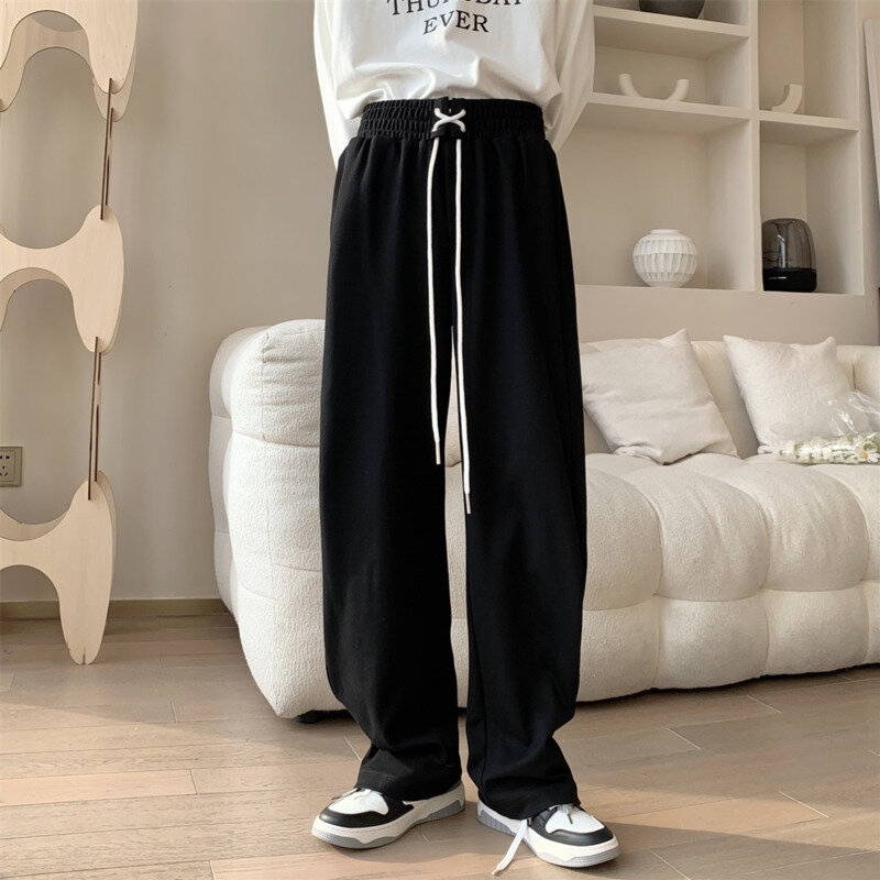 Pantalones informales de pierna ancha para hombre, pantalón holgado de estilo coreano, con cordón, color gris y negro