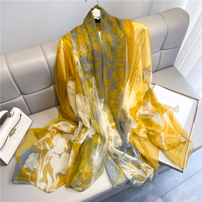 Длинная шелковая шаль с принтом, 190x135 см