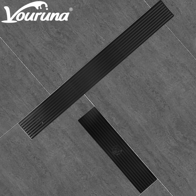 VOURUNA-desagüe de suelo Central de 20/30/40/50/60/70/80/90/100/120CM de largo, drenaje lateral de bañera, rejillas de ducha de baño, color negro