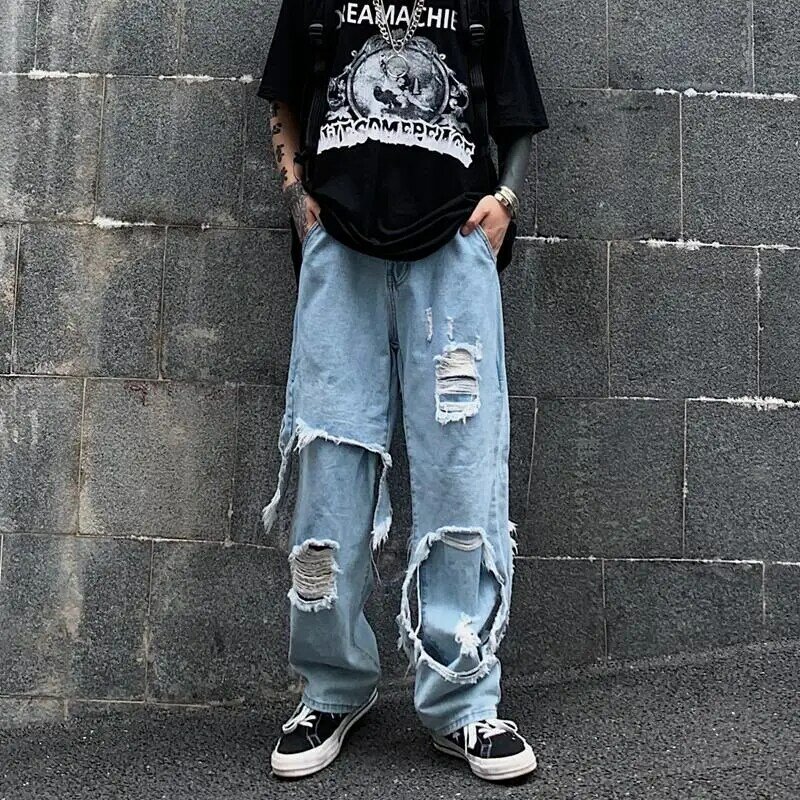 HOUZHOU Jeans Sobek Pria Celana Jeans Punk Tertekan Celana Panjang Denim Hip Hop Harajuku Pria Antik Jepang Lubang Streetwear