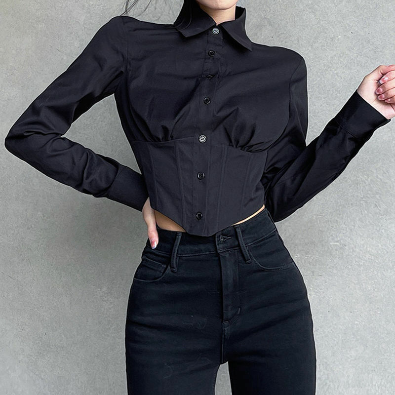 Deeptown Black Women Blouses Sexy Tunics Cropped Top Gothic Streetwear Harajuku Cool Long Sleeve Shirts Kpop Fashion Chic Retro