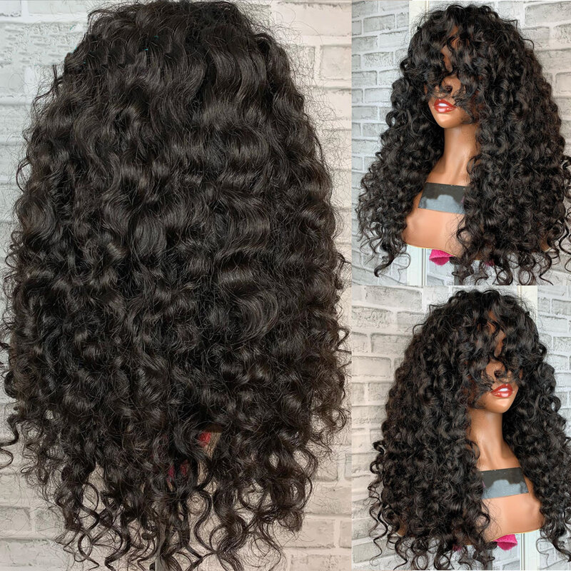 Natural Black 26 inch Long Curly Synthetic Machine WigWith Bangs For Black Women Glueless Cosplay Heat Fiber Wig