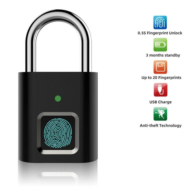 USB Recarregável Fingerprint Cadeado, Biométrico Metal Keyless Thumbprint Lock, Fit para Bagagem, Estante, Mala, Mochila, Bicicleta