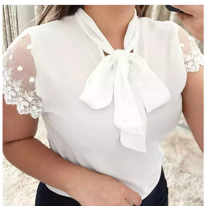 Blusa informal de chifón de manga corta con encaje para mujer, camisa con lazo de encaje, S-5XL, elegante, para oficina, novedad de 2022