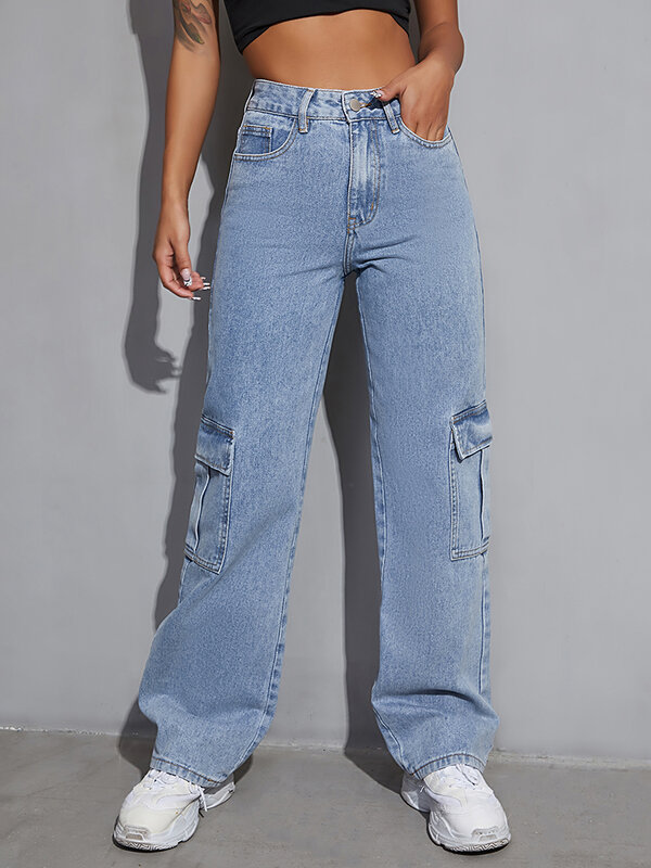 New Trendy Women Flap Pocket Jeans Cargo larghi pantaloni Boyfriend dalla vestibilità rilassata pantaloni Casual larghi in Denim a gamba dritta da donna
