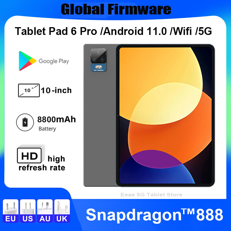 【World Premiere】New Pad D'origine 6 Pro Tablette Android 11 Snapdragon 888 2.5K Écran LCD 8 GO + 256 GO 8800mAh 10 pouces 5G Tablettes PC