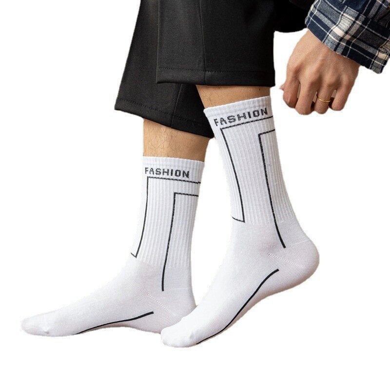 Chaussettes en coton pour hommes, nouveau Style, en polyligne noir et blanc, décontractées, douces et respirantes, pour l'été et l'hiver, grandes tailles