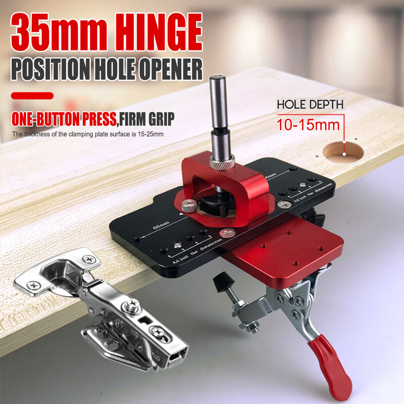 35mm Hinge Boring Jig Woodworking Hole Drilling Guide Locator with Fixture Aluminum Alloy Hole Opener Template Door Cabinets