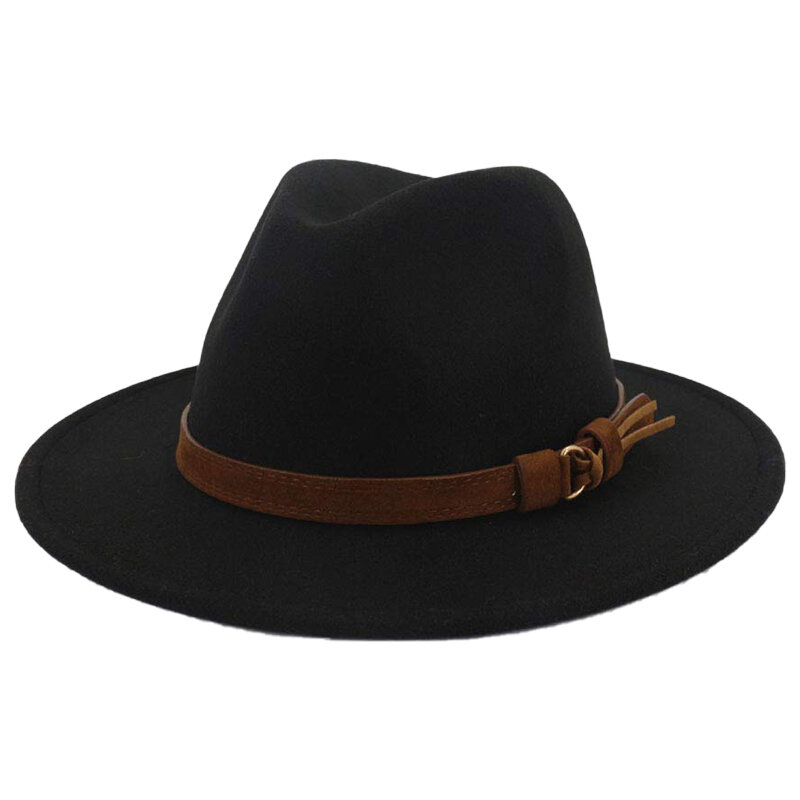 Fedora หมวกสำหรับชายเข็มขัด Vintage โบสถ์ Trilby ปานามาหมวกขนสัตว์ Felt กว้าง Brim หมวกผู้หญิงแจ๊สปาร์ตี้แฟชั...