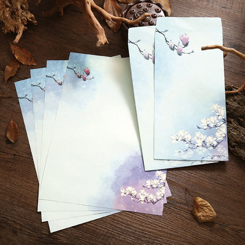 6 ชิ้น/เซ็ต VINTAGE Letter กระดาษและซองจดหมายชุดจิตรกรรมจีน Lotus ดอกไม้ CRAFT ซองจดหมายเชิญตัวอักษรกระดาษเ...