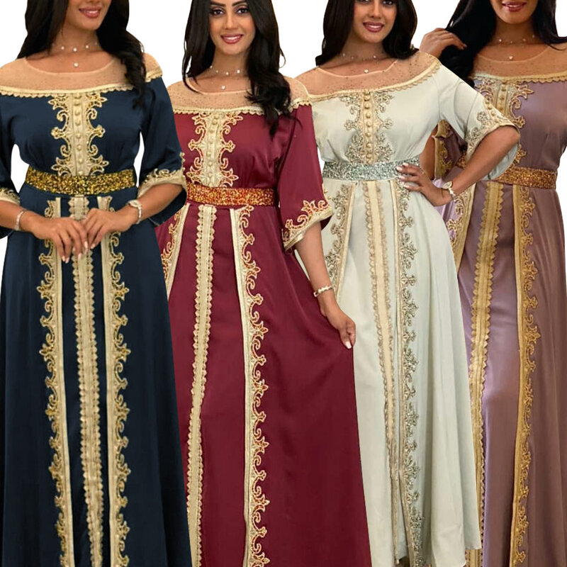 Gaun Malam A-Line Satin Applique dan Berlian Panjang Gaun Idul Adha Turki Jubah Mewah