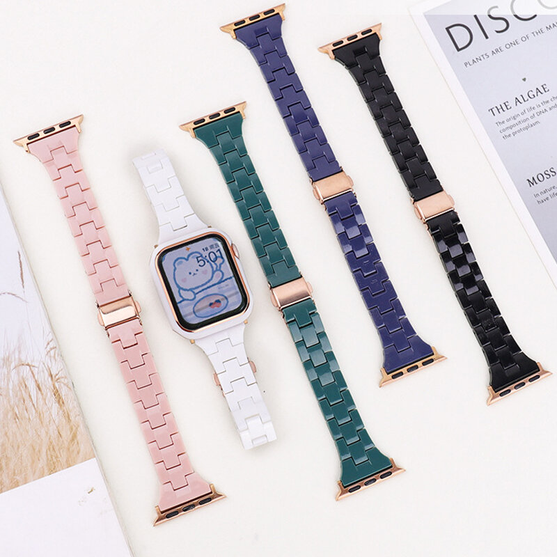 สำหรับ Apple Watch Band 44มม.45มม.40มม.41มม.38มม.42มม.เรซิ่นสร้อยข้อมือผู้หญิง Smartwatch Bands สีชมพู Iwatch Series 3 4 6 7