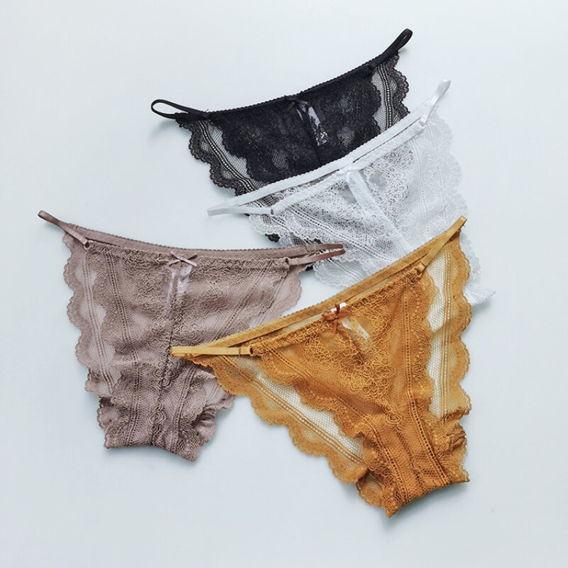 3Pcs/Lot Sexy Lace Thong Low Waist Lace Transparent Panties Women Underwear Hollow out Breathable G String Briefs Bow Lingerie