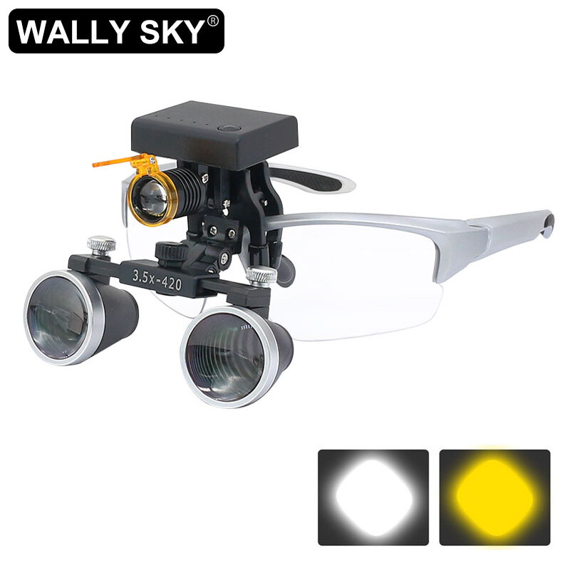 Loupe dentaire binoculaire 3,5x/2,5x avec lampe frontale LED 3W avec pince à lunettes, filtre jaune, batterie Li-ion Rechargeable