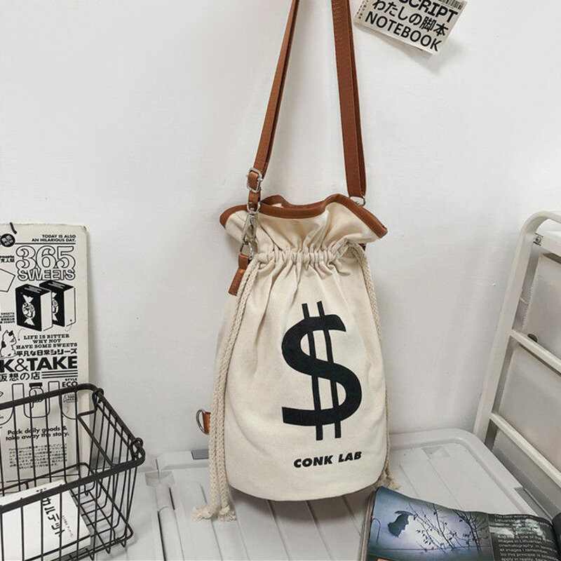 Bandolera Unisex de lona para mujer, bolso de un solo hombro, bolsa de cubo, bolsas de compras, bolsa de almacenamiento de grafiti de dinero con personalidad