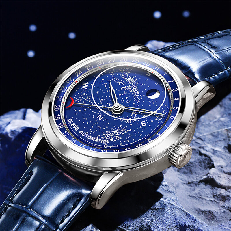 OLEVS Fashion Luminous Starry Dial Men Sport Watch orologi meccanici automatici orologio maschile in pelle Casual Reloj Hombre
