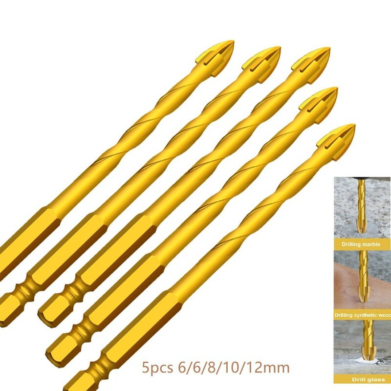 5pcs 6mm-12mm Glass Drill Bit Alloy Hole Opener 6.35mm Hex Shank Triangle 4 Cutting Edges Electric Drilling Pastiche Ceramic