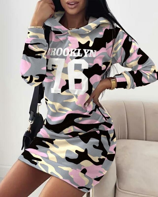 Women's Spring and Autumn New Casual Letter Camouflage Printing Long Sleeved Hooded Sweatshirt Dress Loose Pullover Dress