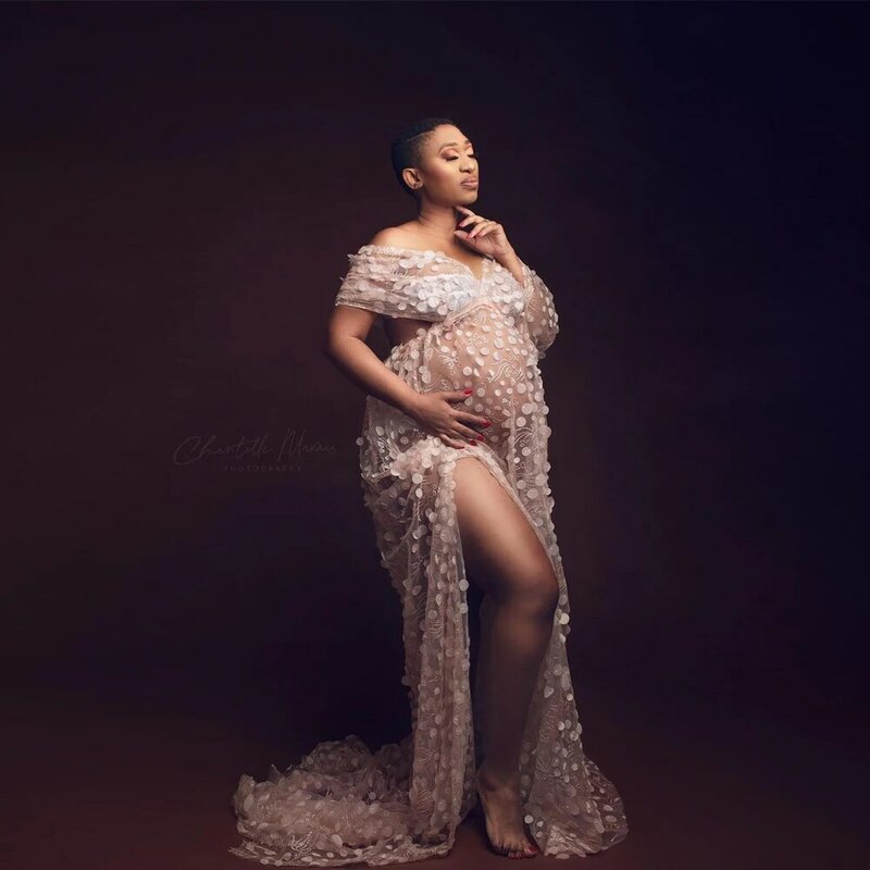 보헤미안 사진 촬영 임신 드레스, 레이스 자수, 3D 꽃잎 스팽글 비치 드레스, 출산 사진, 우아한 가운