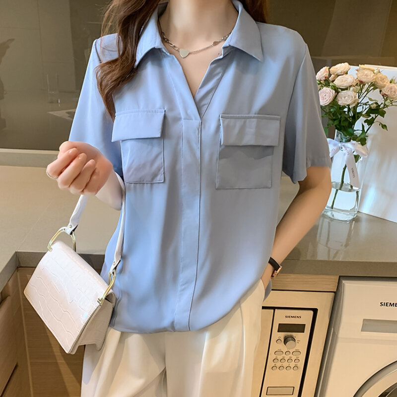 Verão novo estilo solto e fino temperamento de manga curta camisa feminina estilo porto leve cozida camisa 95g, 412-14