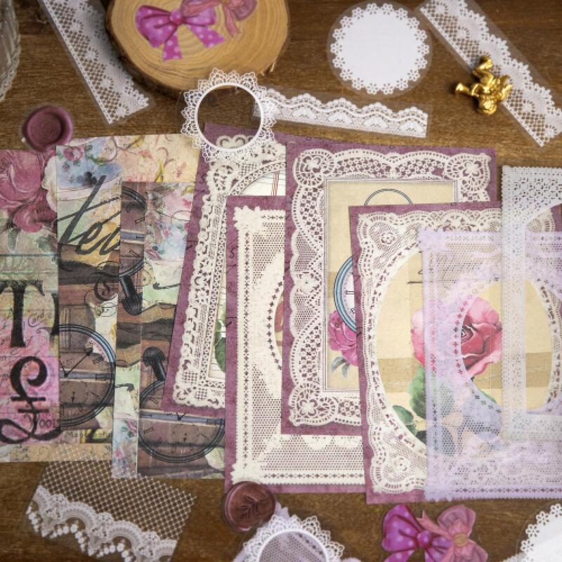 Mr.paper 6 Styles 40Pcs/bag Vintage Lace Card Stock Aesthetic Literature Flower Hand Account Decorative Material Paper