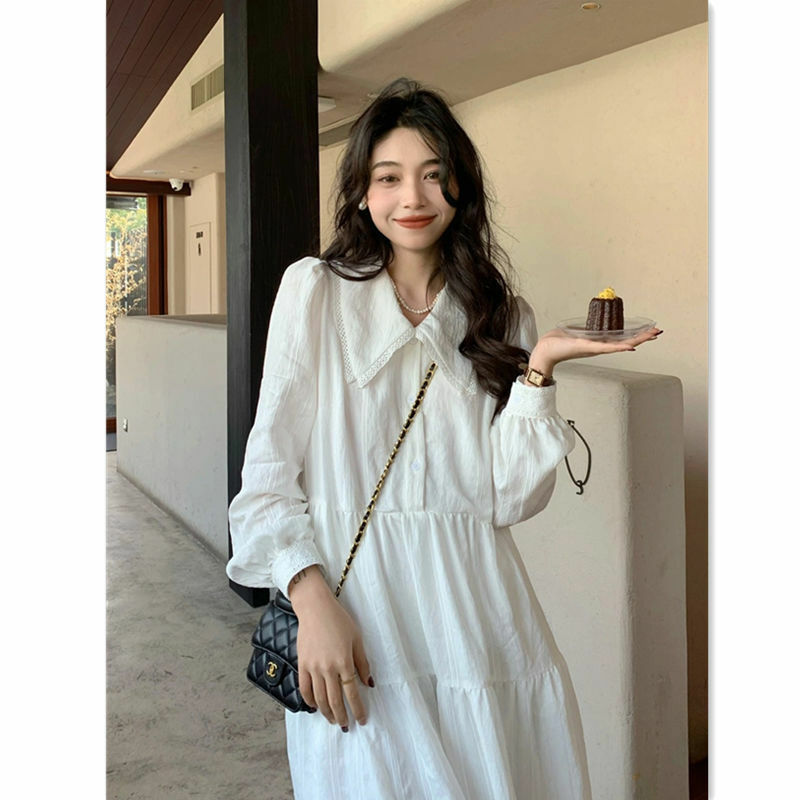 Houzhou Fee weiß Frauen Kleid Craduatino Langarm Kawaii Party Kleider lässig Rüschen College koreanische Mode Sommerkleid