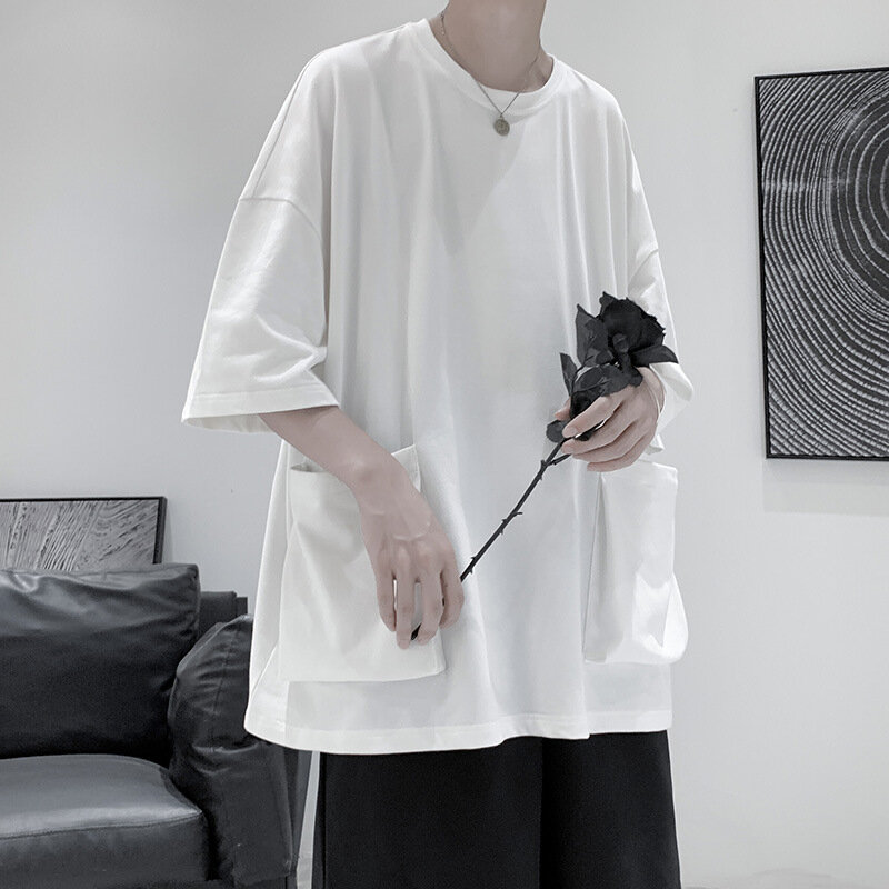 Camiseta holgada estilo Harajuku para hombre, camisa de Hip-hop con bolsillos sólidos, estilo coreano Ins, manga de cinco puntos, ropa de gran tamaño