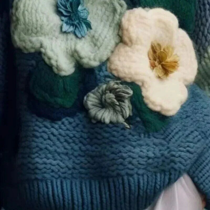 Swetry Oversized 4xl amerykańska moda Vintage dzianinowe swetry niebieska w kwiaty swetry damskie luźne swetry na zimę eleganckie swetry
