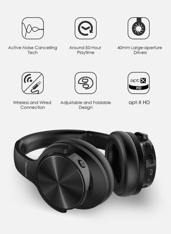 Mixcder E9 – écouteurs sans fil Bluetooth, APTX, suppression du bruit actif, 50 heures, casque d'écoute avec Super HiFi, basses profondes