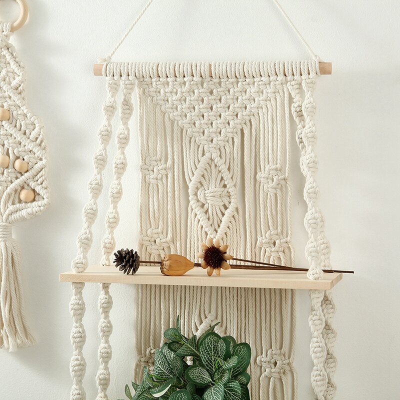 Handmade พู่ Macrame แขวนผนังชั้นวาง Boho เชือกทอ Tapestry ไม้แขวนเสื้อชั้นวางของ Home Room Decor