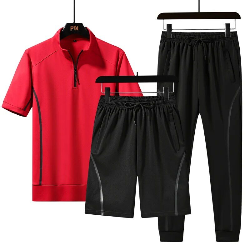 男性用の通気性のあるスポーツウェア,半袖シャツとカジュアルショーツ,3ピース/セット