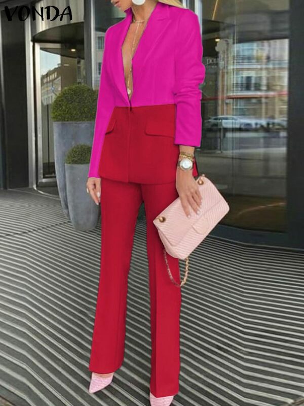 Women's Office Pants Sets Long Sleeve Suit Blazers Lapel Coats Jackets And Color Patchwork Long Trousers Suits Ropa De Mujer 4#